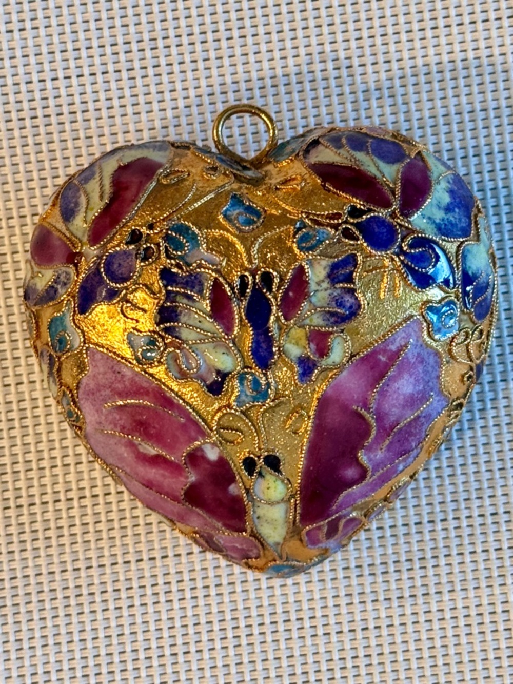 Enamel Cloisonné Heart Butterfly Motif - Purple & Gold